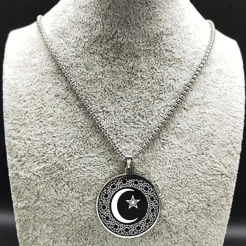 2020 Fashion Muslim Star Moon Stainless Steel Necklaces Men Black Silver Color Luna Necklaces Pendants Jewelry colgante N732S02