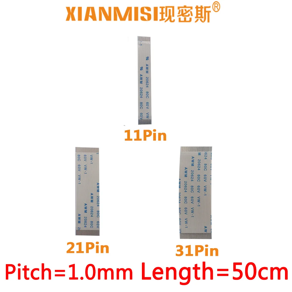

FFC FPC Flat Flex Extension Cable 11Pin 21Pin 31Pin Same Side 1.0mm Pitch AWM VW-1 20624 20798 60V Length 50cm 5PCS