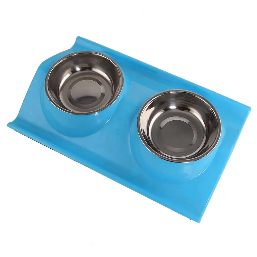 LanLan Thickened Foldable Stainless Steel Pet Double Bowl Anti-slip Cat Dog Water Food Dish Pet Supplies - Цвет: Blue