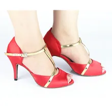 Женская танцевальная обувь для сальсы на каблуке 8,5 см, Красная атласная или имитирующая обувь для латинских танцев женская свадебная обувь JYG830