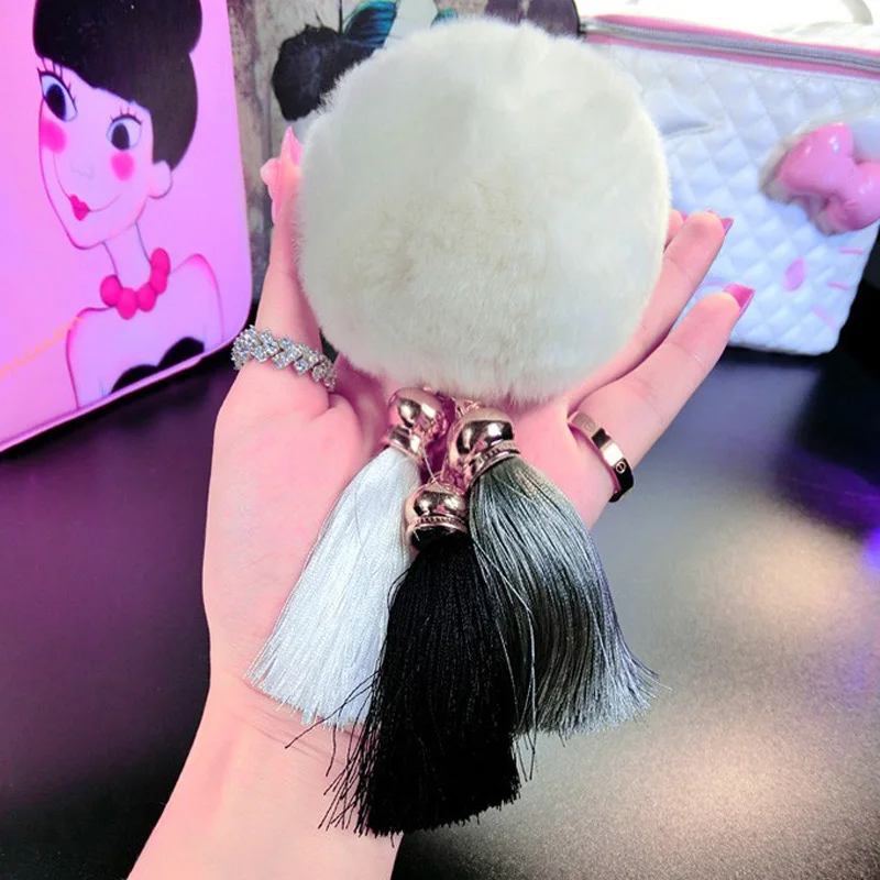 2016 Fashion Women Rabbit Fur Cony Hair Ball Pompom Charm Thrice Tassel Keychain Handbag Key Ring Pendant Gift