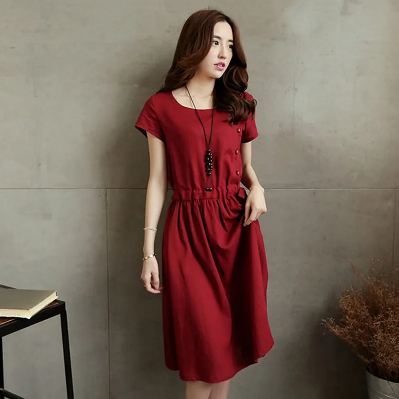 

Drawstring Summer Dress Side Button Cotton Linen A-Line Short Sleeve Dress O Neck Casual Knee-Length Dress For Women Vestido