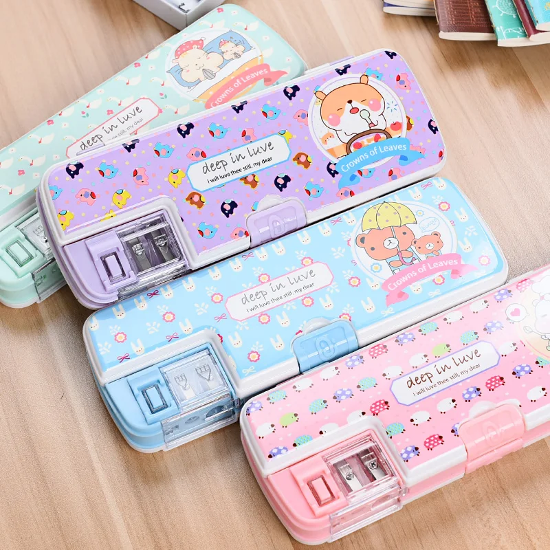 

Multi function cartoon plastic pencil cases large capacity double layer lovely supplies stationery case