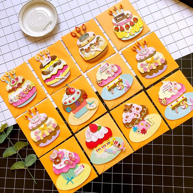 

Set of 12 Assorted 3D Birthday Cake Shaped Happy Birthday Greeting Cards with Envelopes Blank Inside Kids Birthday Decor