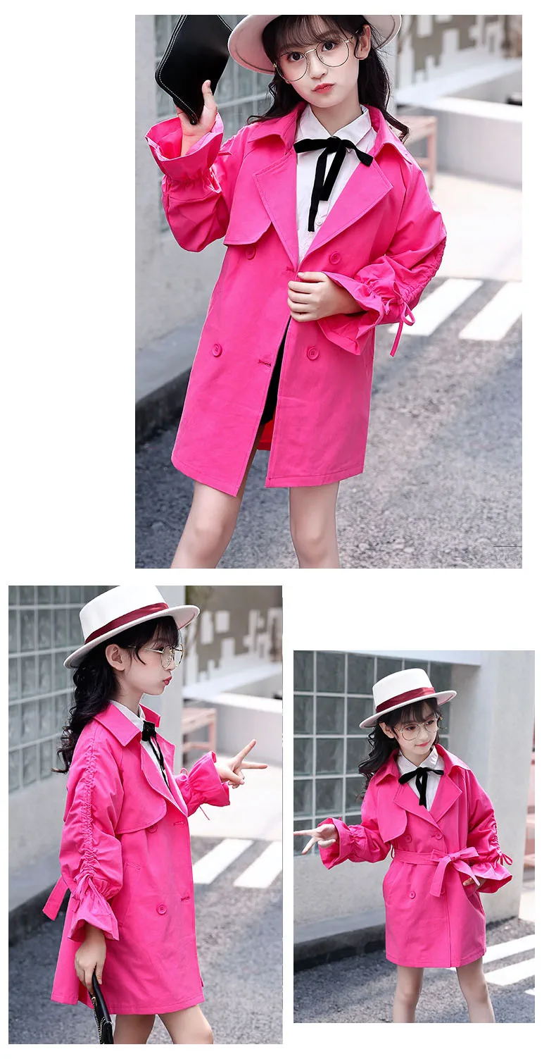 solid belt petal sleeve autumn coats kids clothes new 2018 autumn teenage girls long denim jackets children trench coat clothes  (8)
