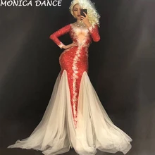 Рождество Для женщин сексуальная сцена красный длинный белый текстиль; шикарное платье сверкающими кристаллами сцена для ночного клуба Одежда танцор певец платье