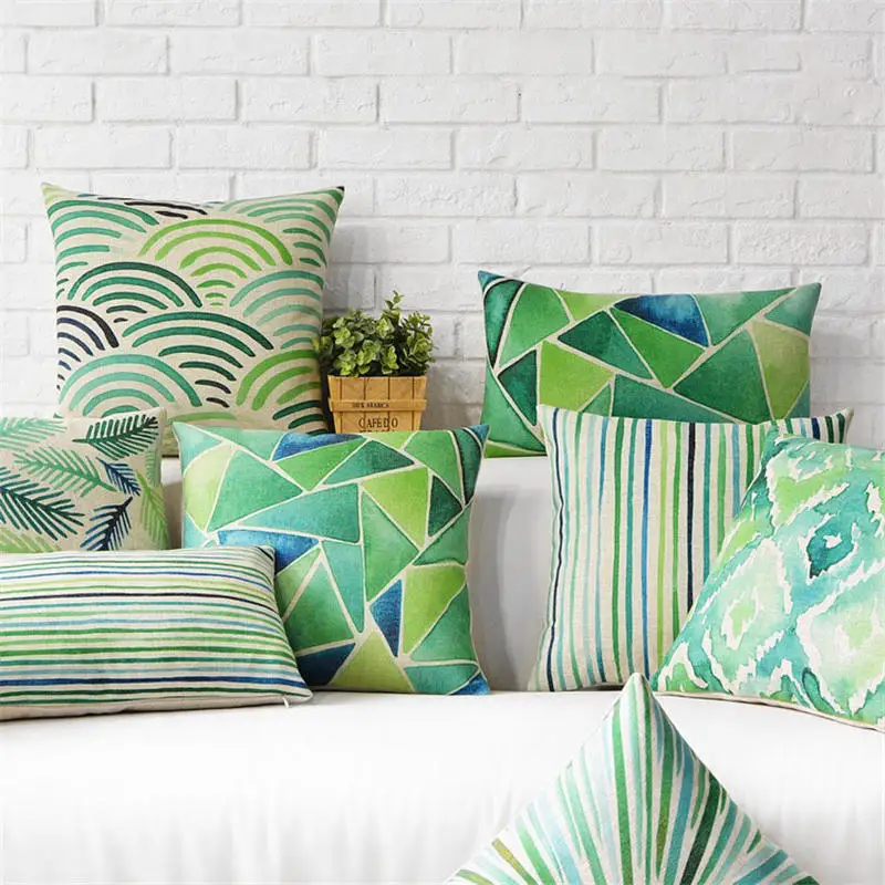 

Nordic Green Pastoral Geometric Decorative Sofa Throw Pillows Greenish Triangle Wave Leaf Strip Color Painting Cushion Covers