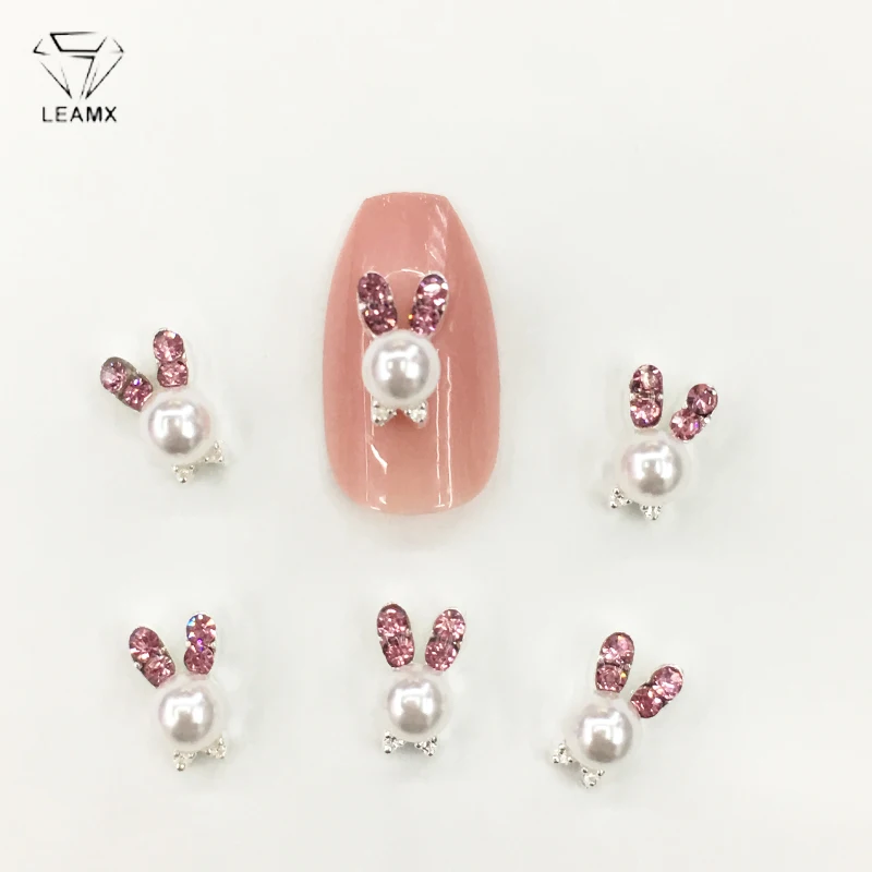 

LEAMX 10 Pcs/bag Pearl Rabbit Head Nail Art Decoration Rhinestone Animal Rabbit Alloy 3D Nail DIY Tools For Manicure Decor L464