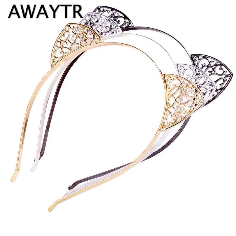 

AWAYTR Metal Women Hair Hoops Cat Ears Hairband Rhinestone Princess Heart Shaped Hollow Hairband Gold Plated Hair Jewelry