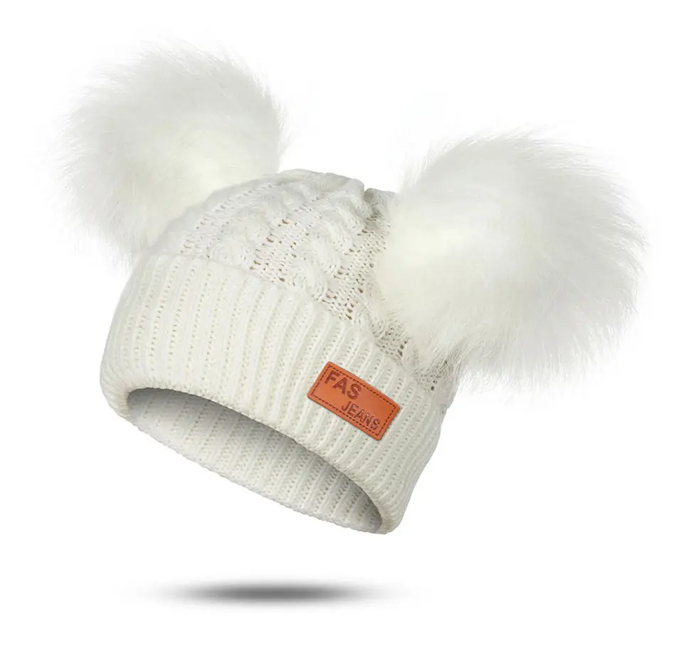 Модная зимняя детская шапка с 2 помпонами, однотонная, нежная, с узором, унисекс, со знаком, осенняя и зимняя теплая шапка