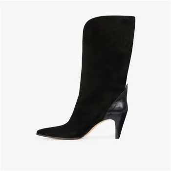 

EMMA KING 2018 New Winter Patchwork Pointed Toe Mid-calf Boots Women Slip On High Heels Fashion Stage Dress Zapatos De Mujer