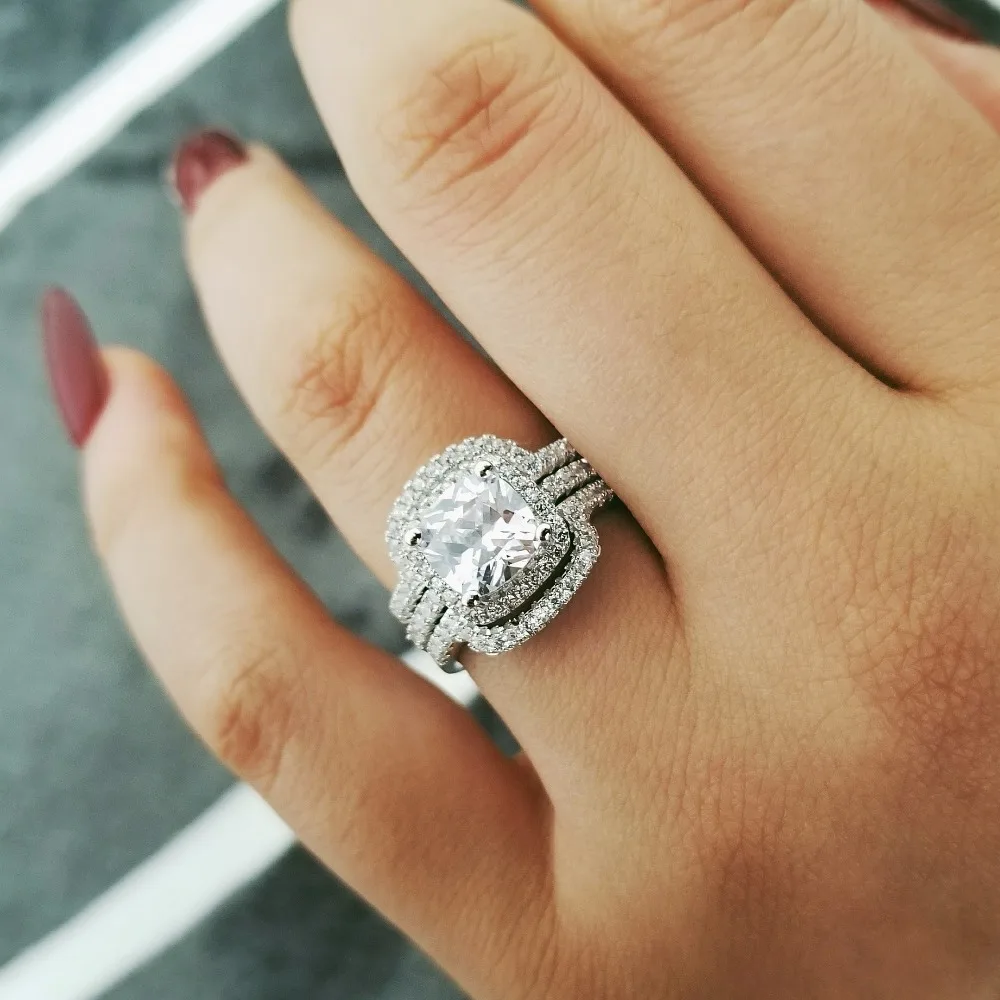 2019 new design Luxury 3 pcs 925 sterling Silver Ring cushion cut Engagement Wedding Ring for Women LR4308S