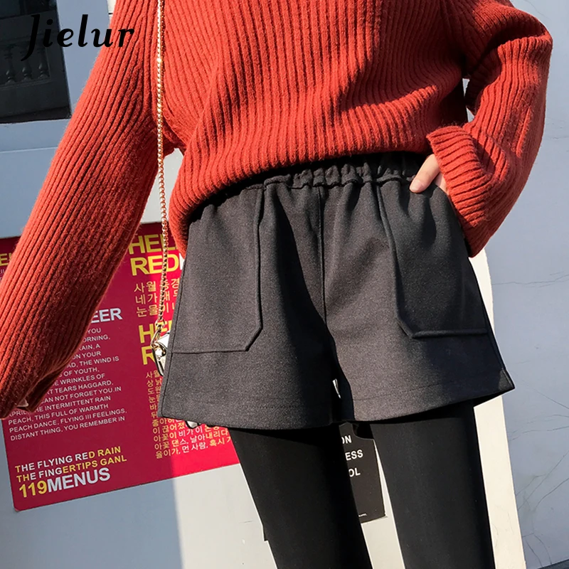 Jielur Winter Woolen Shorts Women 2019 New Korean Harajuku Loose High Waist Wide Leg Shorts M-XXL Black Dark Gray Short Feminino
