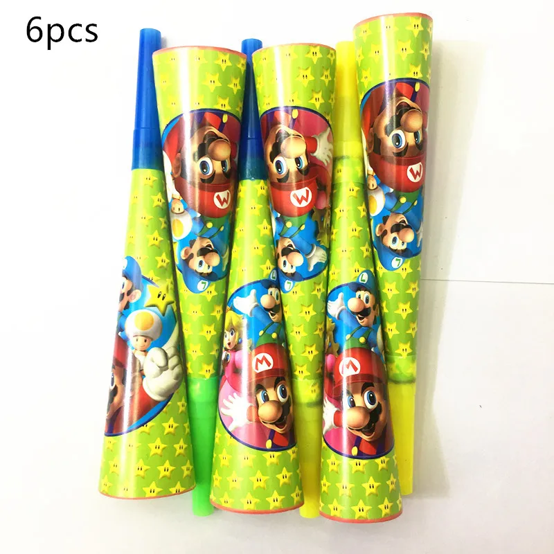 Супер Марио тема одноразовые бумажные тарелки салфетки для стаканчиков соломинки Марио Bros тематические вечерние украшения конфетные коробки развевающиеся баннеры - Цвет: Horn 6pcs
