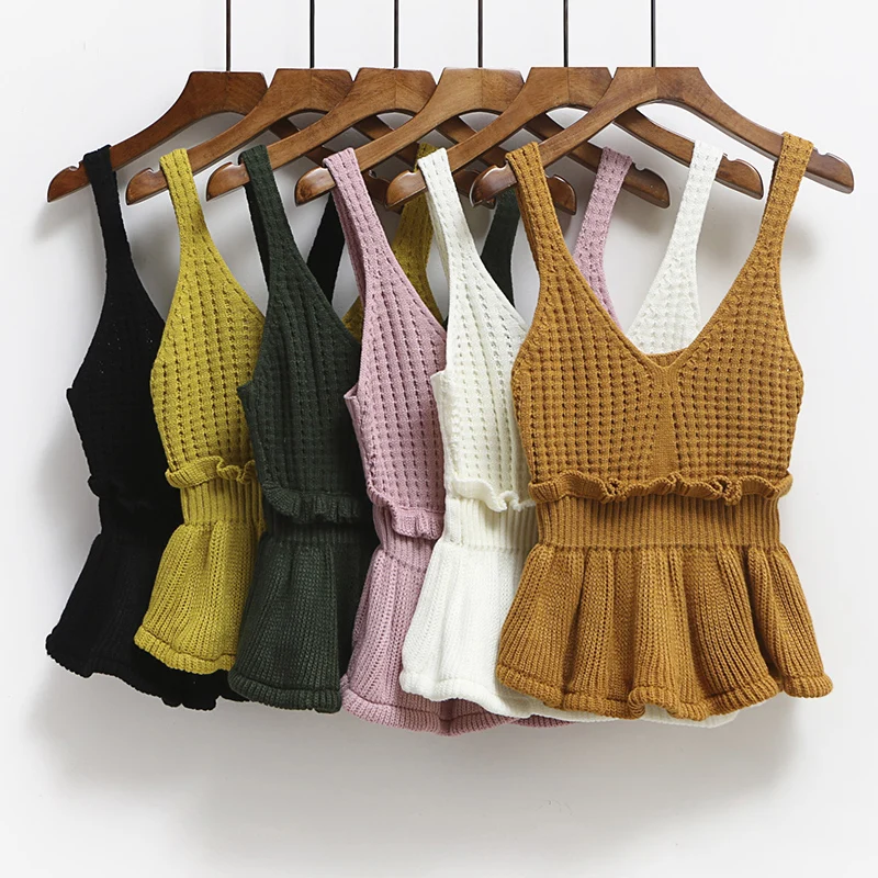 New Spring Autumn Vest Women Sleeveless Crop Top Knitted Vest plain knitwear Women Sweater Tops