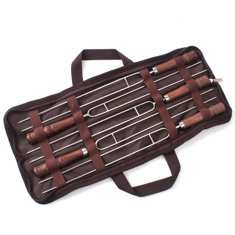 

MrY 47CM Outdoor Portable Tableware U-shaped Barbecue Needle Skewers with Wooden Handle Stainless Steel Forks Camping Cooking Tool