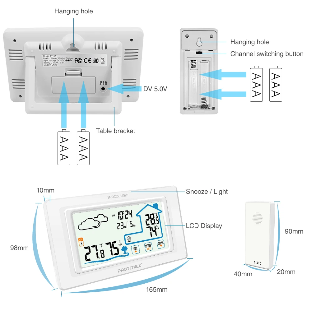 Pаспродажа Protmex PT19A цветной экран, метеостанция, датчик, термометр, гигрометр, измеритель, цифровой датчик погоды, для помещений и улицы, для дома