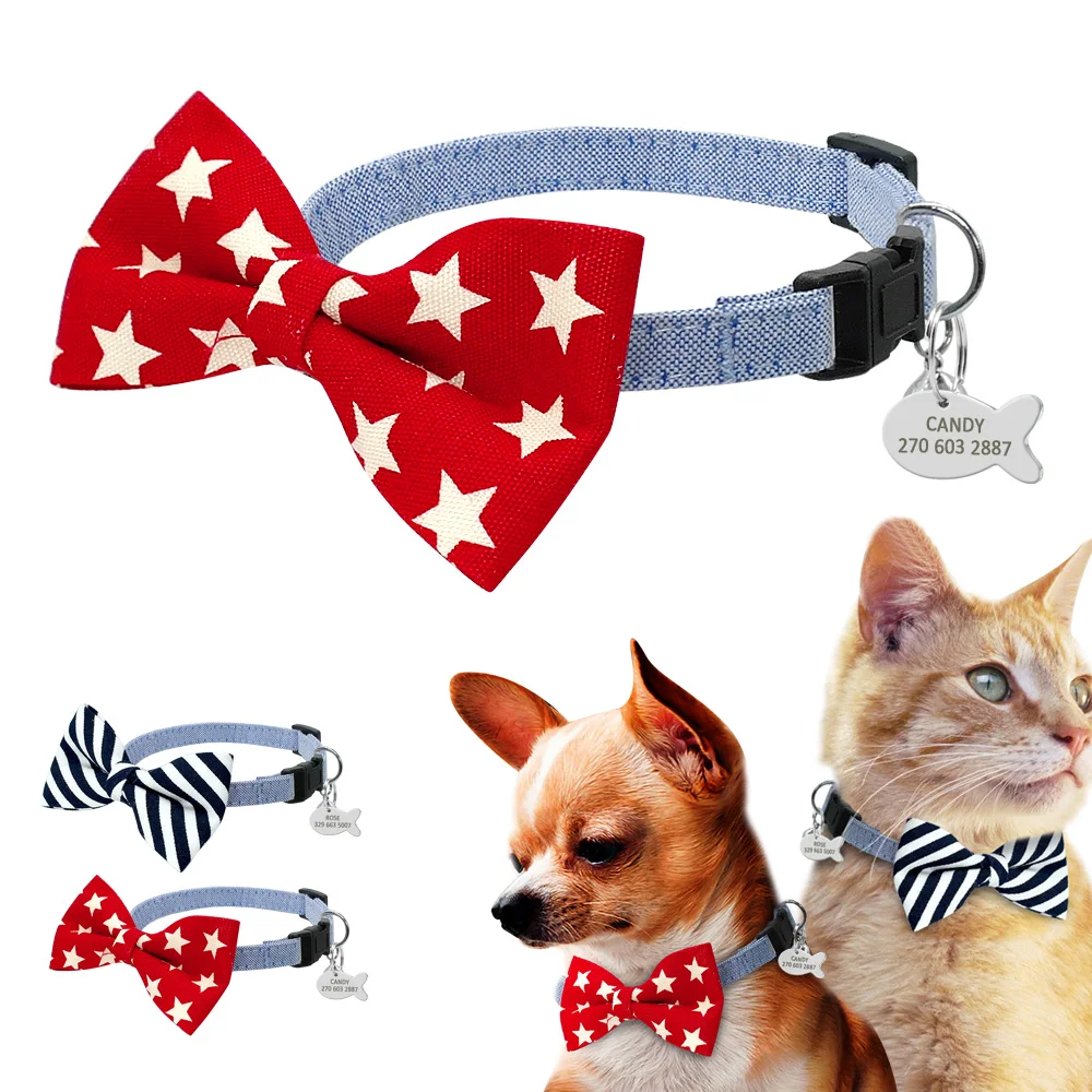 

Kitten Puppy ID Tag Collar Bowknot Personalized Cat Dog Collars Name Necklace With Bell For Small Cats Dogs