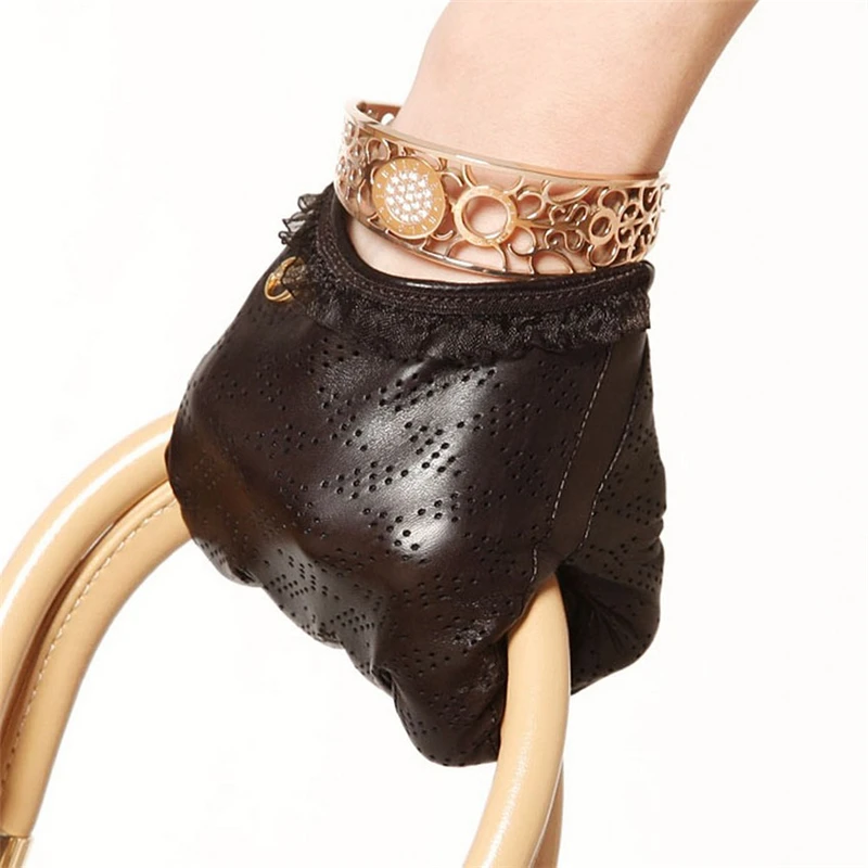 EL006NN  2014 New wrist Genuine leather glovess black solid shorts women winter leather gloves wrist lambskin gloves