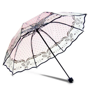 

Pvc Transparent Small Lace Umbrella Printing Black Unique Design Umbrella Rainy Sunny Three Folding For Women Paraplu 50ys012