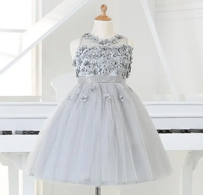 

2016 Baby Girl 1 year Birthday Dress Silver Beaded Party Dress Princess baby girl dresses Christening Baptism Dress for newborn