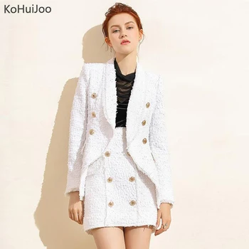 

KoHuiJoo Autumn Women Tweed Blazer Ladies Elegant Double Breasted Golden Button Slim Wool Blazer Jackets White Silm Woolen Coat