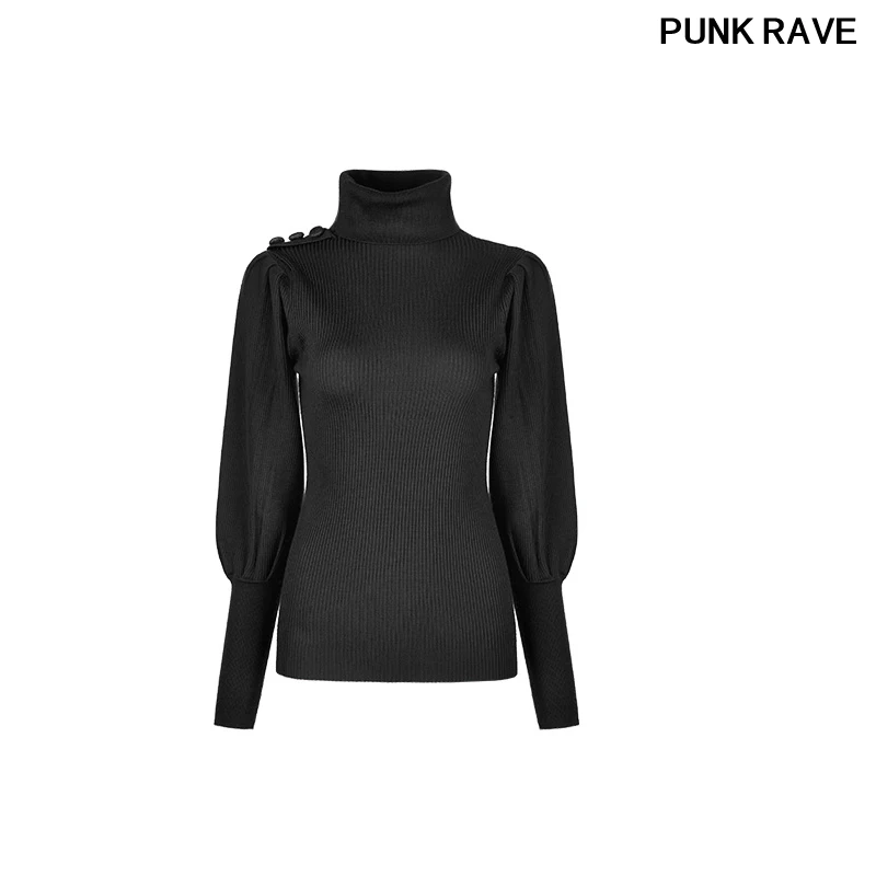 

Gothic Fashion Super Soft Lantern Sleeve Sweater Covered Button Shoulder High Collar Court Women Sweater PUNK RAVE OYM-079TMF