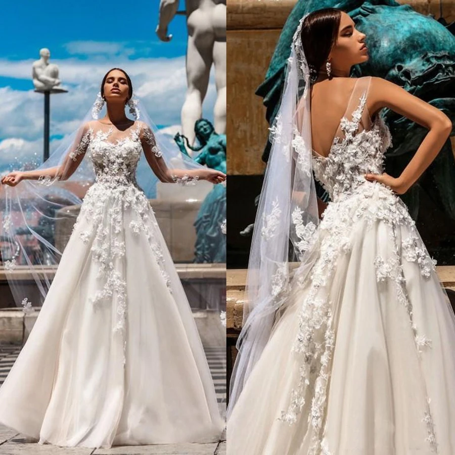Vestidos 3D Floral Appliques A Line Tulle Dress for Wedding Party Sheer Neck Beach Wedding Gowns Sexy Back Boho Bridal Gowns