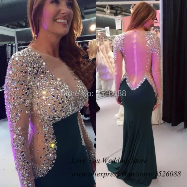 

Sexy Green Crystals Long Sleeve Evening Dress Mermaid Transparent Backless Prom Gowns for Pageant Women Chiffon Vestido de Festa