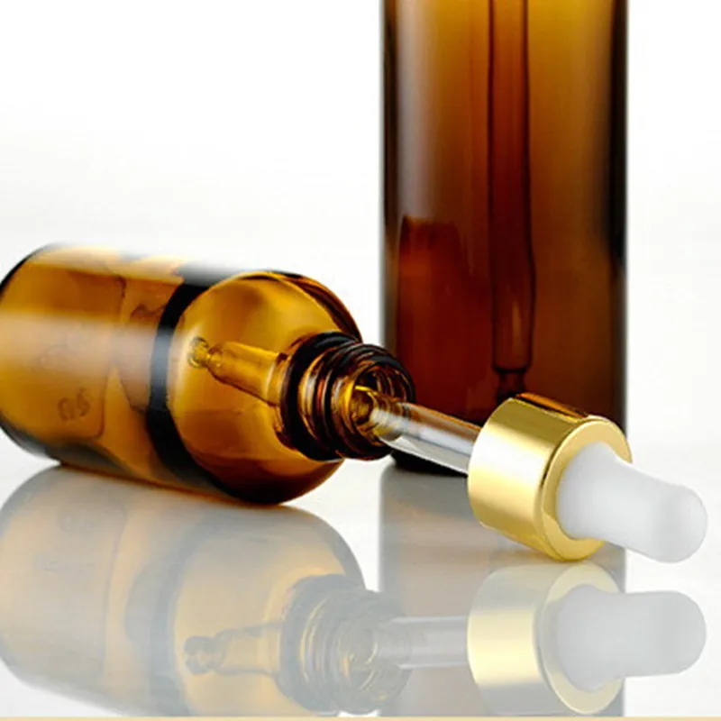 

20pcs/lot Amber Brown Essential Oil Glass Bottle With Anodized Aluminum Metallic Gold and White Latex-Free Rubber Dropper Cap