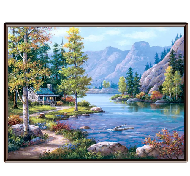 Framed Mountain Lake Scenery Oil Painting By Numbers Wall Art Canvas