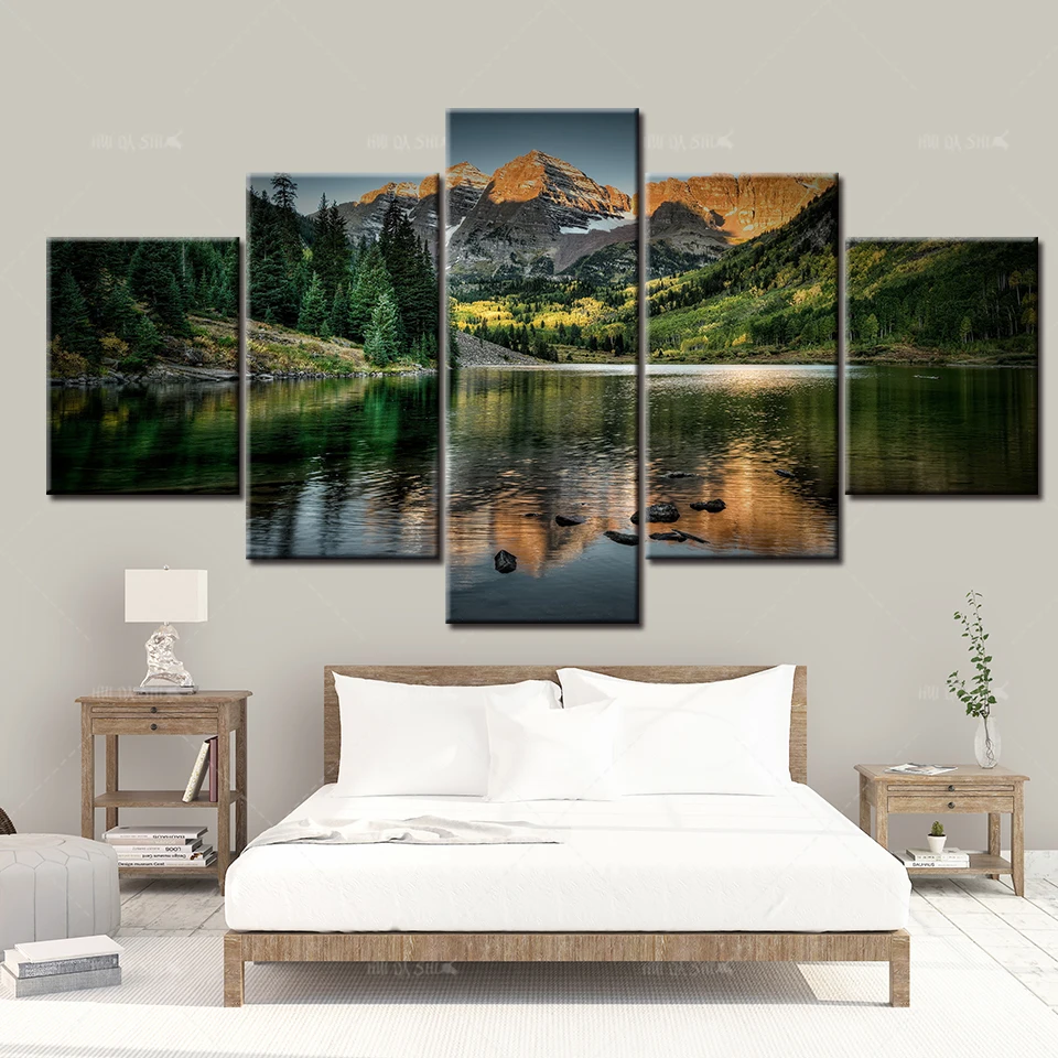 

Canvas Painting Home Decor 5 Piece Sunset Mountain Clouds Green forest River Nature Landscape HD Print Posters Wall Art Pictures