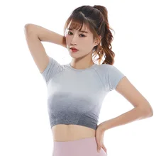 Спортивная женская футболка для йоги с коротким рукавом, бесшовное для тренировки, укороченные топы, спортивная одежда спортивные рубашки