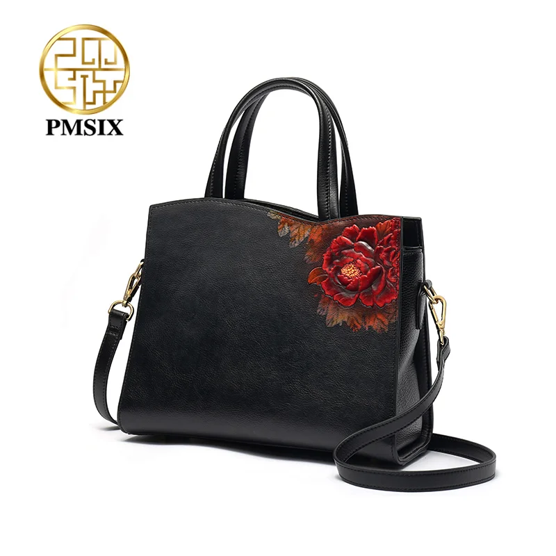 

PMSIX Vintage Floral Printing Ladies' Genuine Leather Handbag Large Capacity Women Shoulder bag