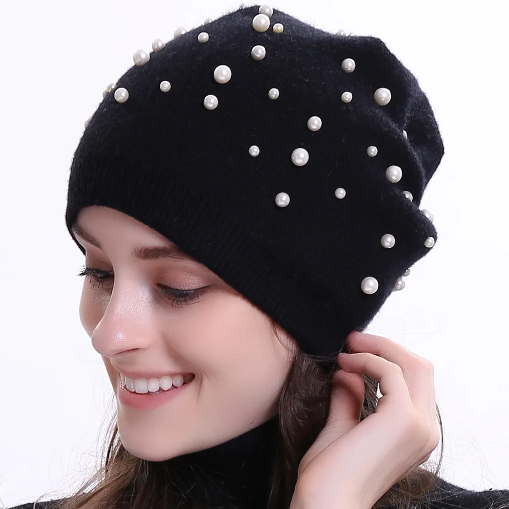 Geebro, женская шапка, зимняя, кашемировая, вязаная, жемчужная, громоздкая, шапка для женщин, черная, двухслойная, балавака, шапка
