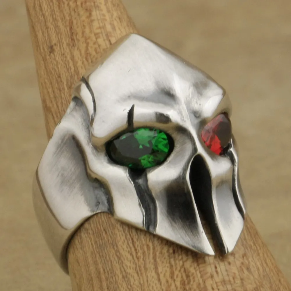 

Brand LINSION Heavy 925 Sterling Silver Guard Helmet Ring Green Red CZ Eyes Mens Biker Rock Punk Ring TA07 US Size 7~15