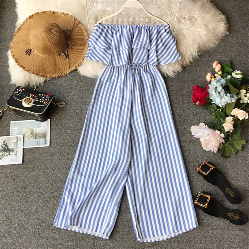 Boho 2020 Ruffles Sexy Off Shoulder Striped Print Long Jumpsuit Casual Women Playsuit Summer Beach Overalls Holiday Romper Boho 2020 Ruffles Sexy Off Shoulder Striped Print Long Jumpsuit Casual Women Playsuit Summer Beach Overalls Holiday Romper