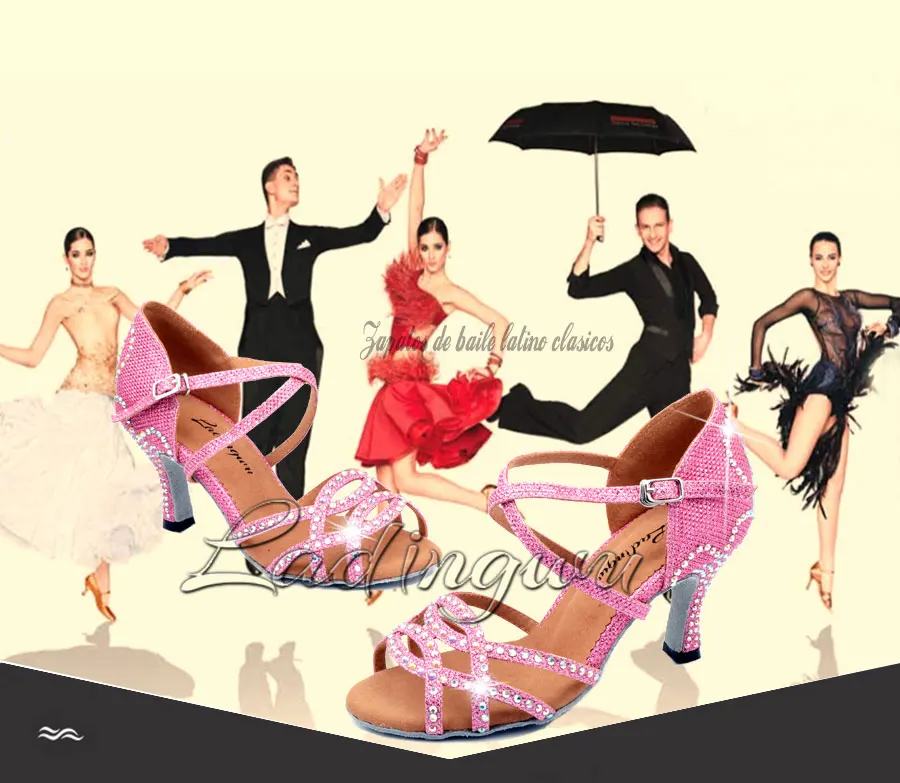 Ladingwu/Розовая блестящая танцевальная обувь; женская обувь для латинских танцев с рисунком короны; стразы; Дизайнерская обувь для бальных танцев; обувь для девочек; профессиональная обувь для сальсы