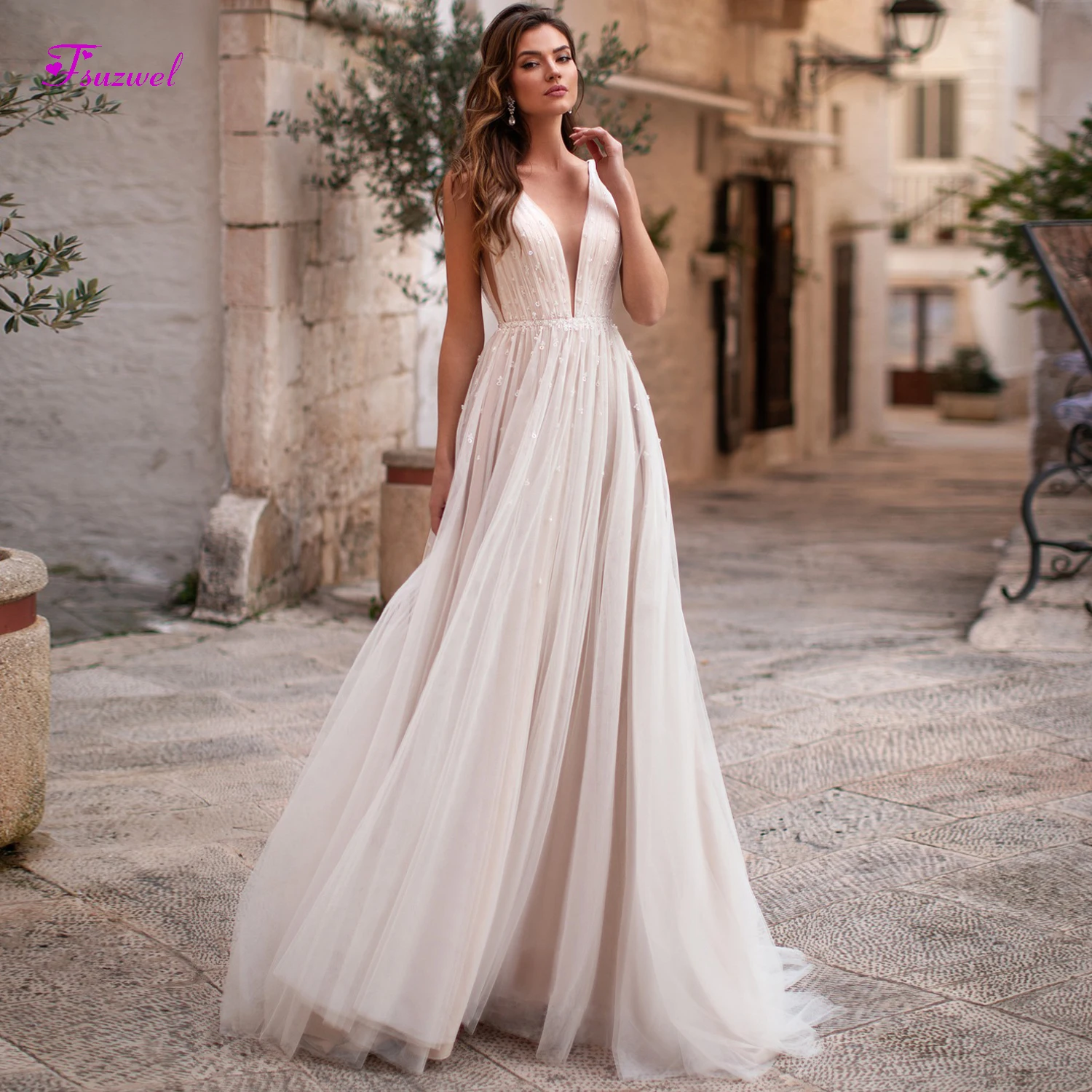 

Fsuzwel Elegant Pleated V-Neck Backless A-Line Wedding Dresses 2020 Luxury Appliques Sashes Beaded Bohemian Bride Gown Plus Size