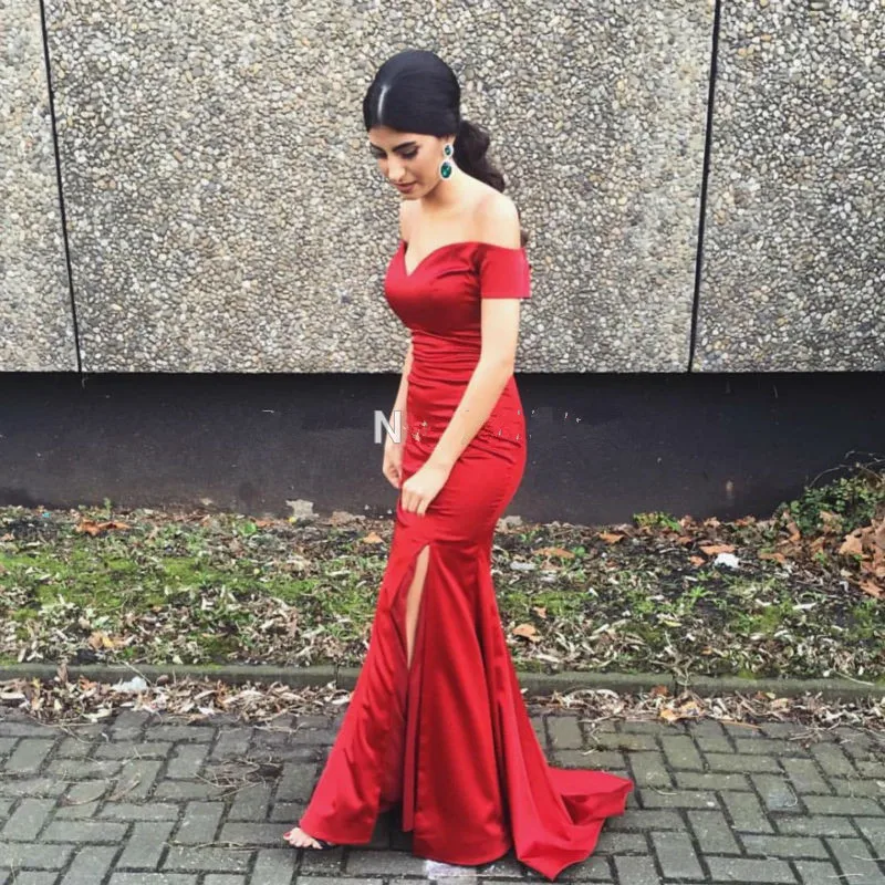 

Simple Side Slit Long Prom Dresses Fast Shipping 2017 Off The shoulder Sweetheart Vestidos Formal Red Mermaid Evening Dresses