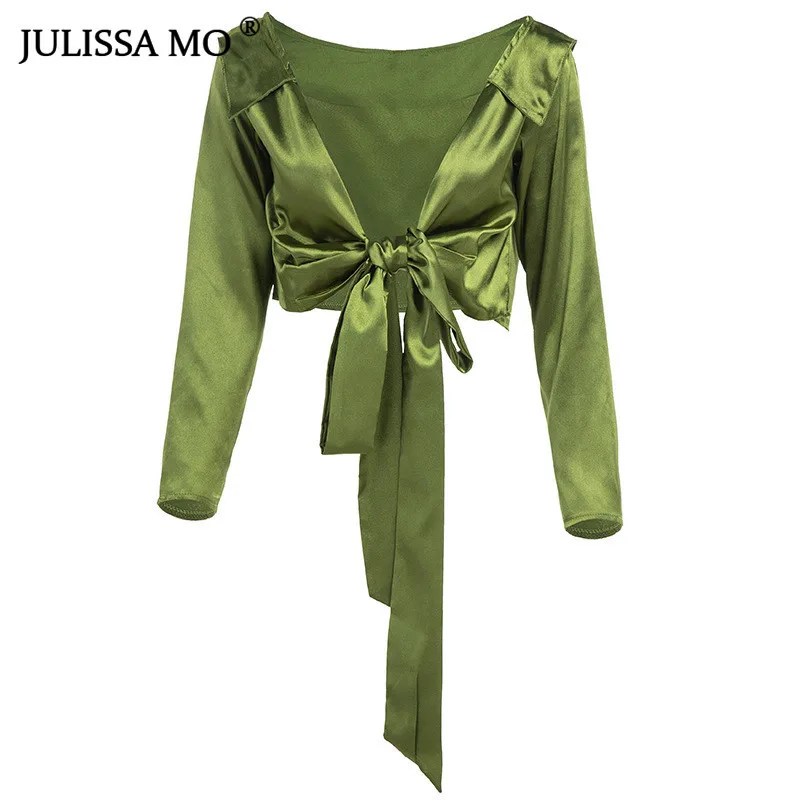 JULISSA MO сатиновая Сексуальная Бандаж с v-образным вырезом укороченный топ Женская Весенняя Базовая футболка с длинными рукавами женская повседневная короткая футболка с бантом - Цвет: Зеленый