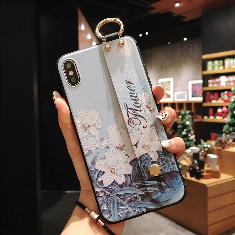 8 SoCouple Wrist Strap Phone Case For iphone 7 8 6 6s plus Case For iphone X Xs max XR Relief Flower Floral Pattern Soft TPU Case