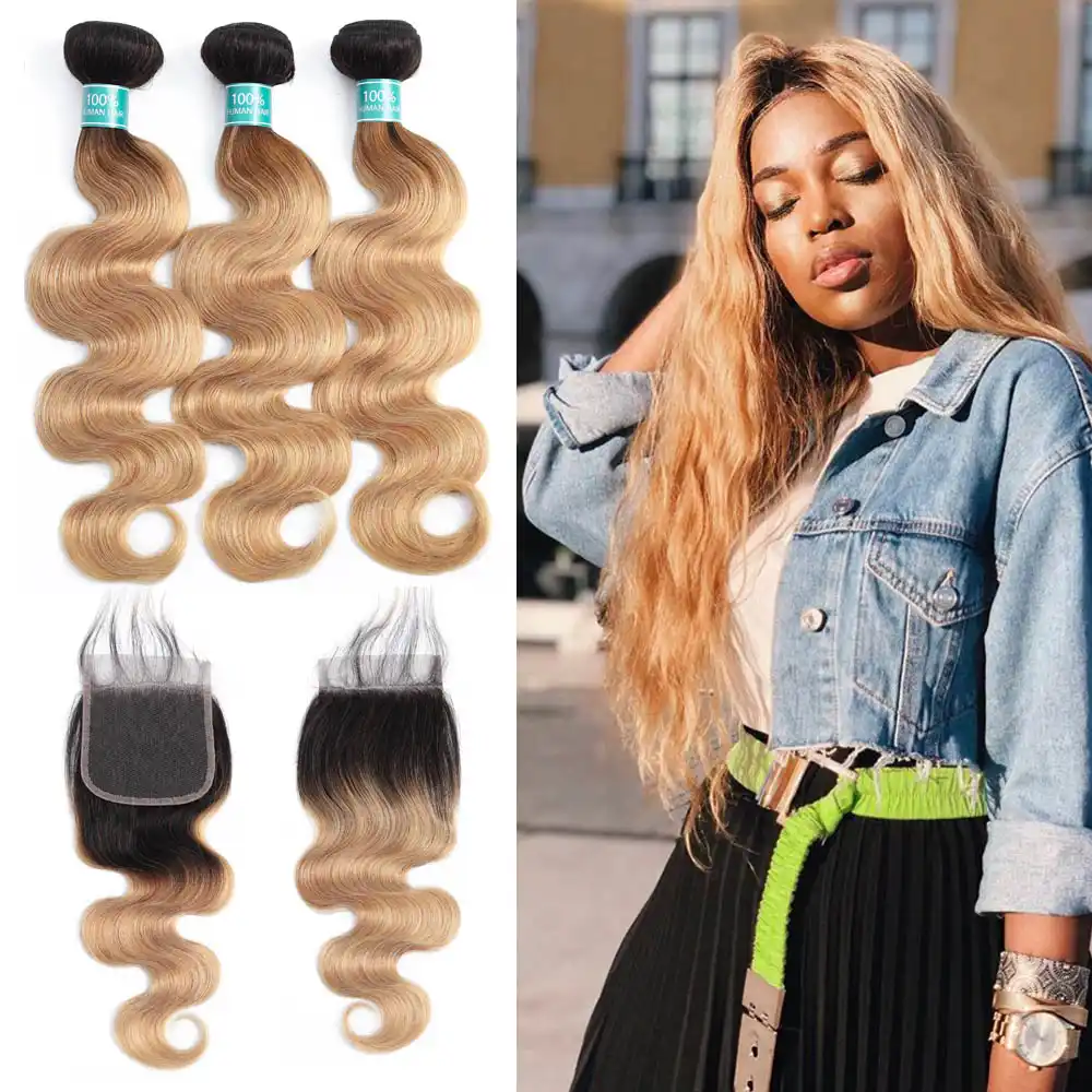 Pre Colored Body Wave Bundles With Closure Ombre Peruvian Hair 3
