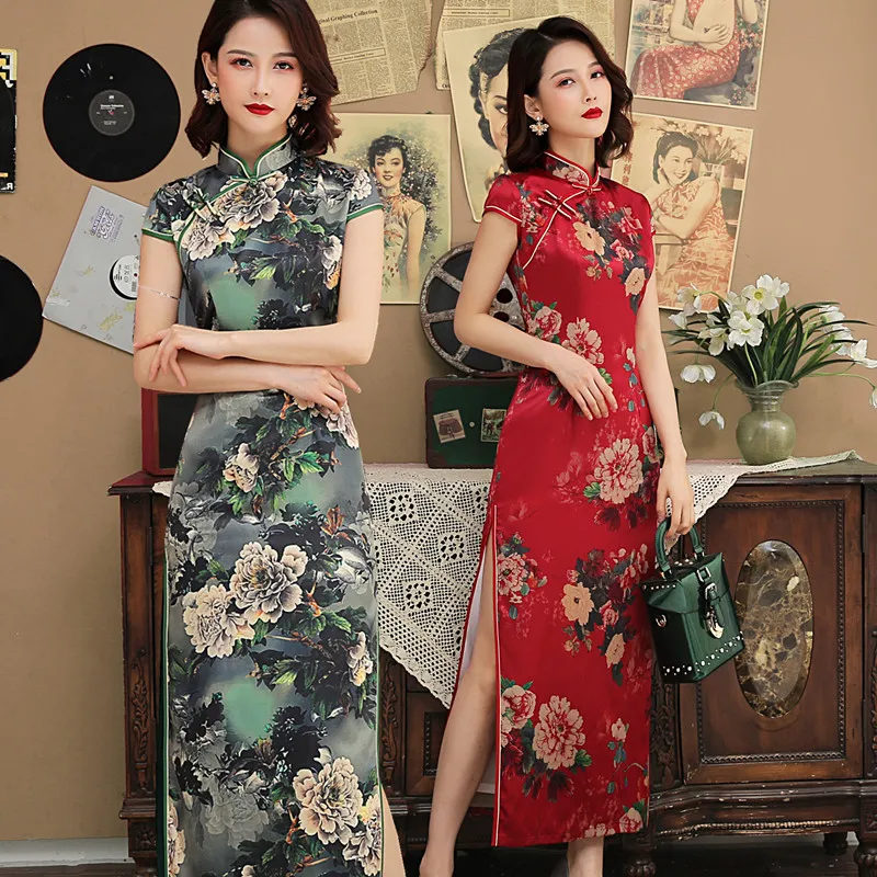 Красное китайское традиционное длинное платье летнее Qipao большого размера с