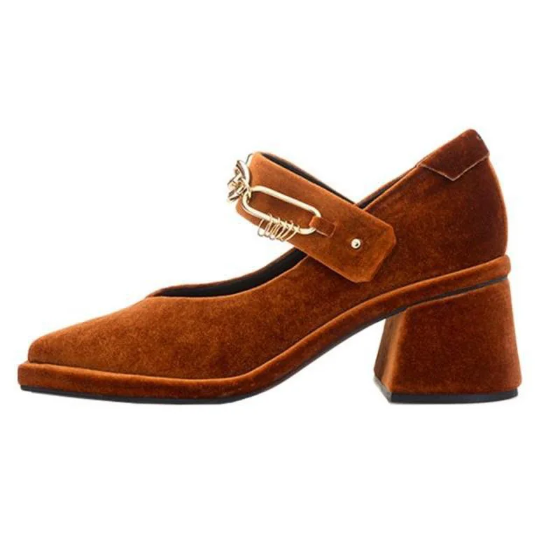 Весенние бархатные туфли mary janes, женские Роскошные Дизайнерские Туфли на массивном каблуке, женские туфли-лодочки с цепочками, винтажные женские вечерние туфли на высоком каблуке - Цвет: Light Brown