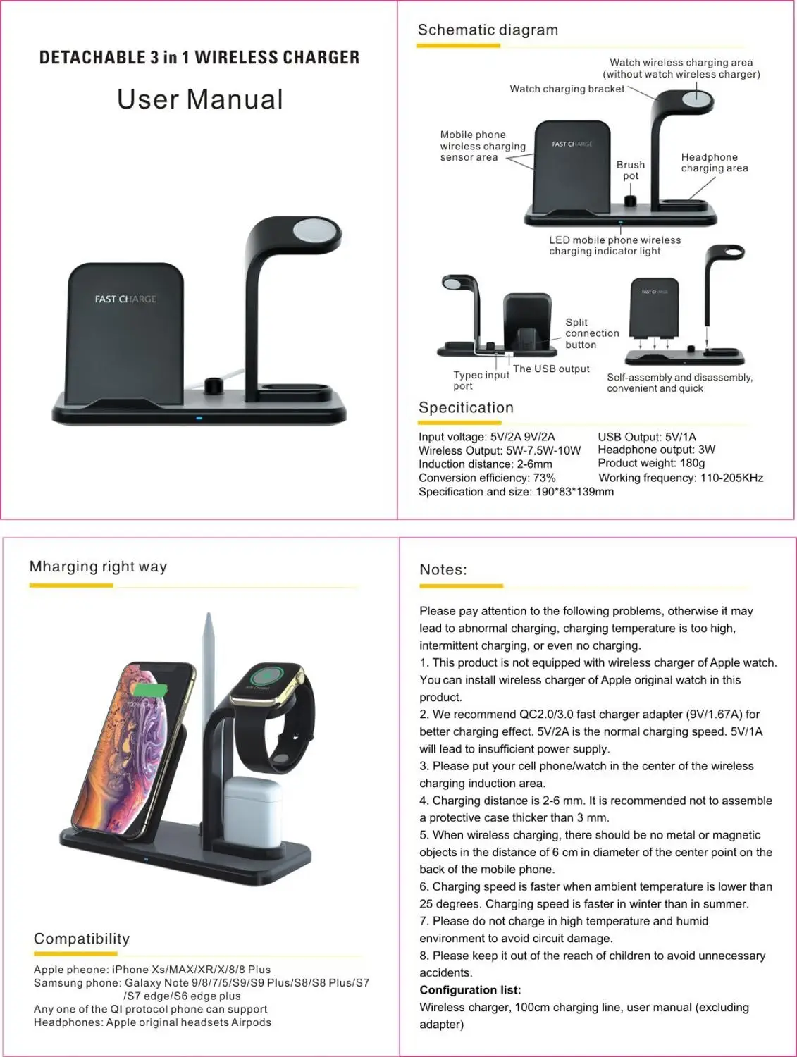 10W QI wireless cahrger Separate 3 in 1 Fast Wireless Charger for Apple iphone XR XS max X 8 plus or headphones or watches
