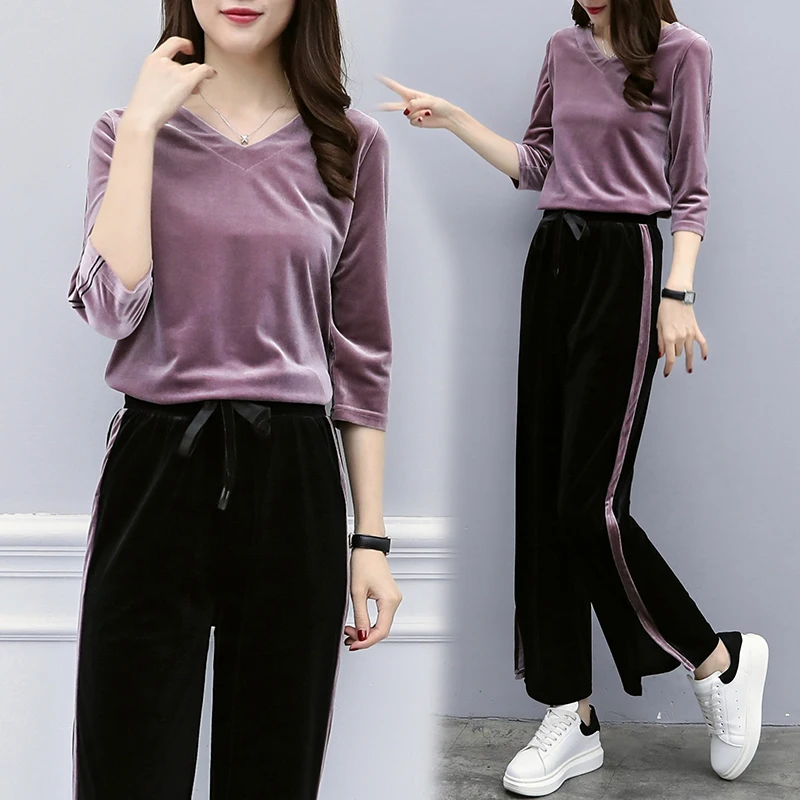

Velour Tracksuit Womens Sweatsuit 2019 Spring New Fashion V Collar Tops and Wide Leg Pants Set Velvet Two Piece Plus Size 5XL