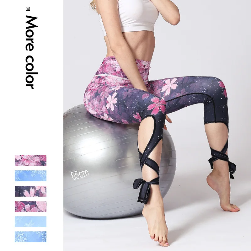 

2018 New Women Workout Leggings Bandage Flower Printed High Waist Fitness Ballet Legging Elastic Sporting Pants