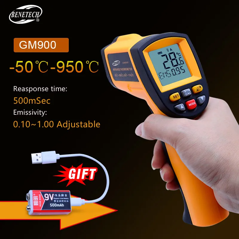 

IR Infrared Thermometer GM900 Digital Temperature Meter -50~950C Pyrometer 0.1~1EM Celsius with Non-Contact LCD Termometre