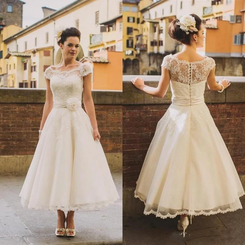 Buy 2019 1950s Vintage Ankle Length Wedding Dresses Cap Sleeve Jewel Neck Flower Belt A Line Lace Short Bridal Gowns Custom Made for only 209.72 USD Buy 2019 1950s Vintage Ankle Length Wedding Dresses Cap Sleeve Jewel Neck Flower Belt A Line Lace Short Bridal Gowns Custom Made for only 209.72 USD